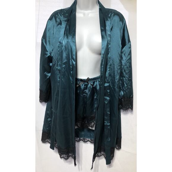 Satin Silky Teal & black Lace Robe & Shorts Set Large Lingerie Nightwear Kimono - Picture 6 of 6